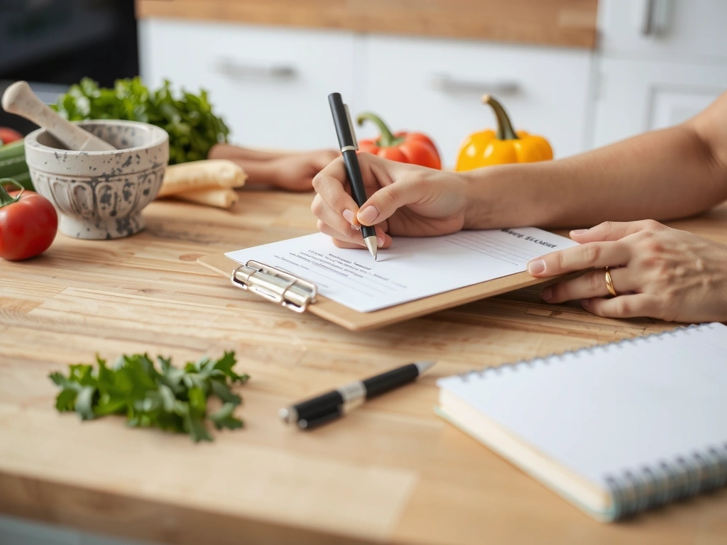 Berater notiert Ernährungsplan in Küche mit frischem Gemüse
